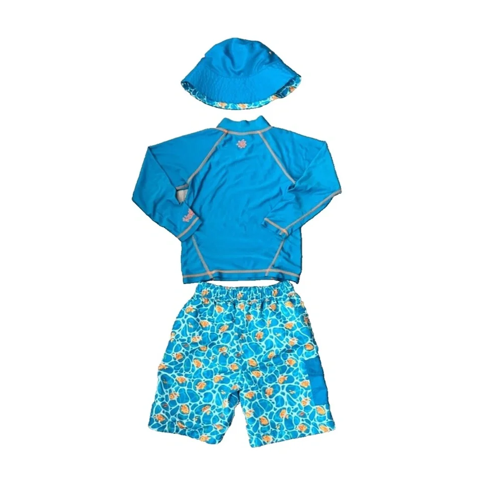 UV Skinz Boys Matching Snorkle Rash Guard Top, Fish Swim Trunks & Hat Size 7